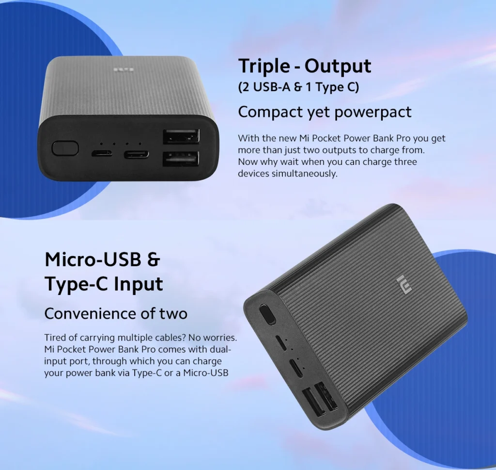 Mi Pocket Power Bank Pro USB-C and USB-A charging ports