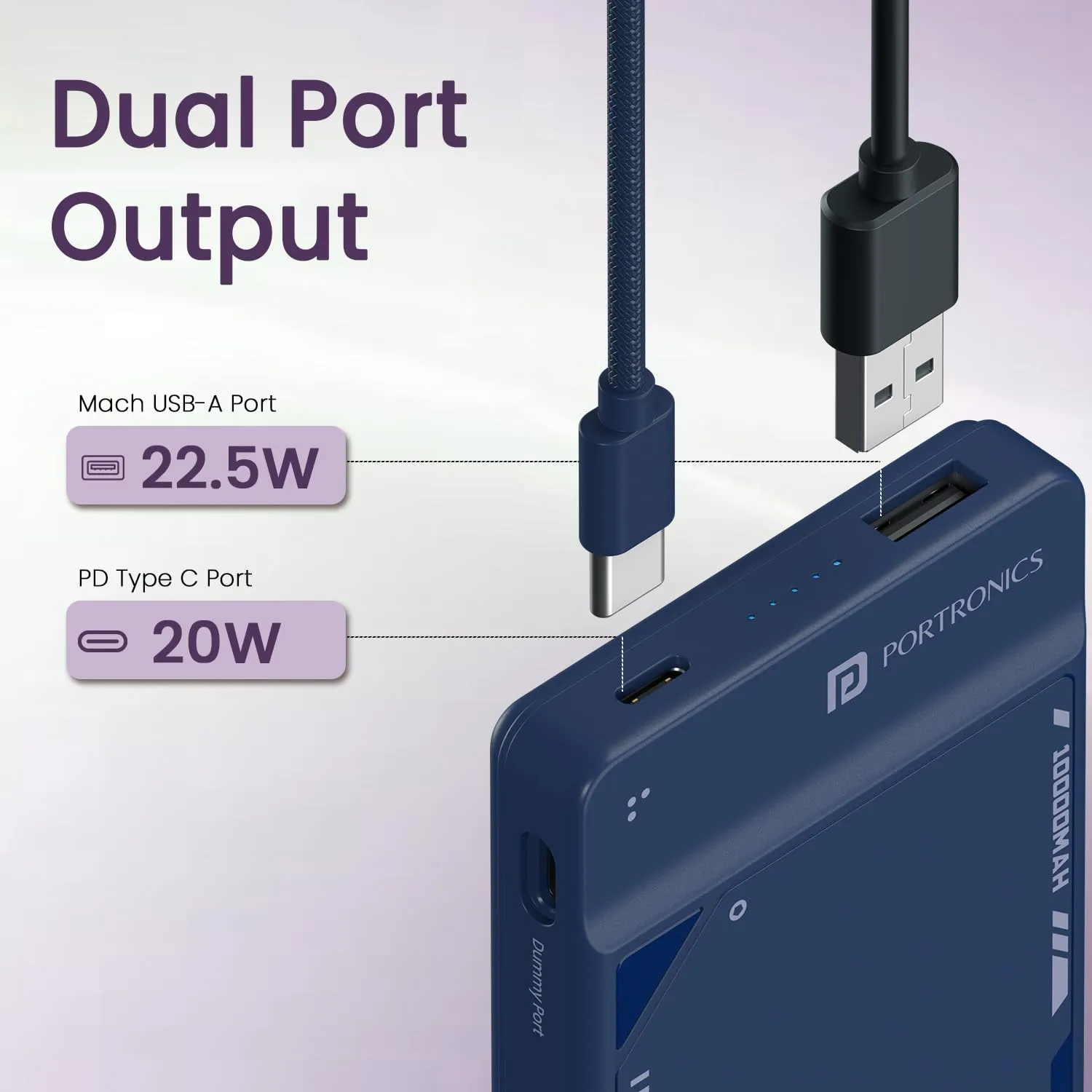 Portronics power bank USB and Type-C ports